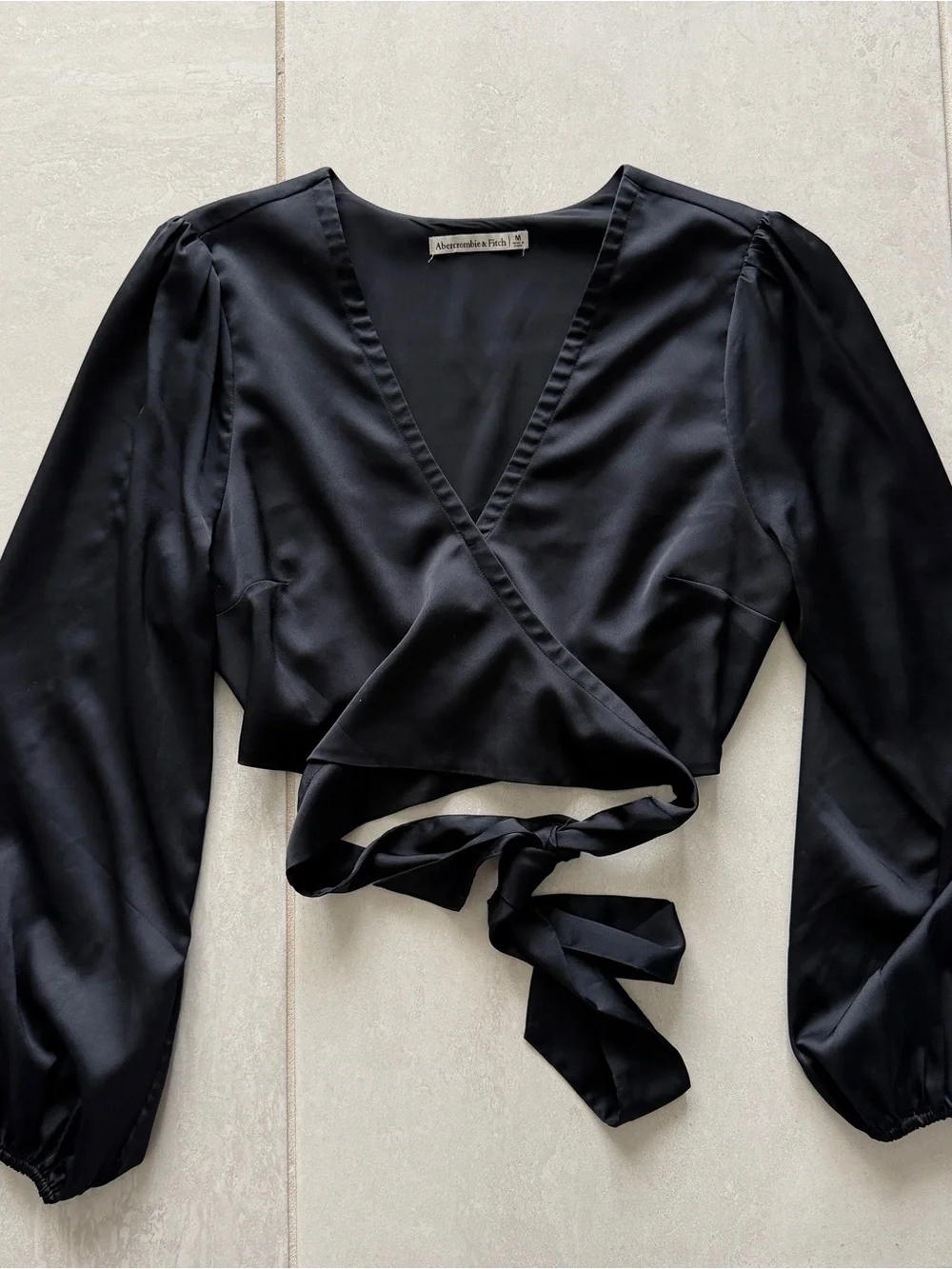 Abercrombie & Fitch Black Satin Wrap Tie-Front Blouse